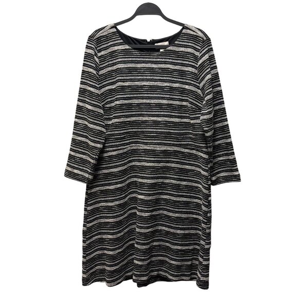 LOFT Striped Knit Dress Size 16 3/4 Sleeve Black Gray - Picture 2 of 10